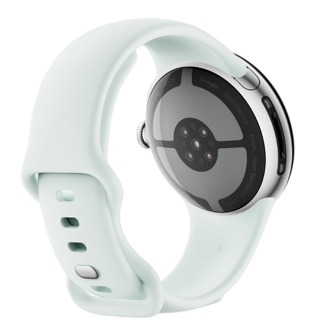 Rückseite einer Google Pixel Watch mit Sensoren und hellgrünem Silikonarmband vor schwarzem Hintergrund.