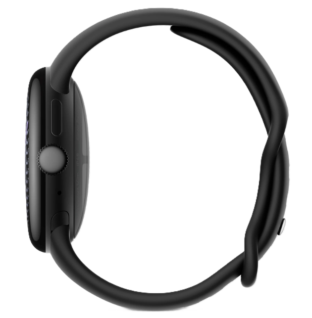 Eine schwarze Smartwatch mit einem Silikonarmband von der Seite vor dunklem Hintergrund.