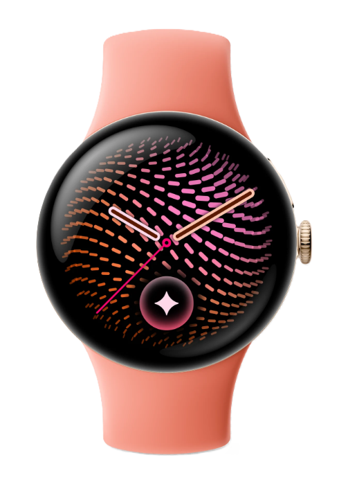 Eine rosafarbene Smartwatch mit rundem Display und einem farbigen Muster aus Strichen auf schwarzem Hintergrund.