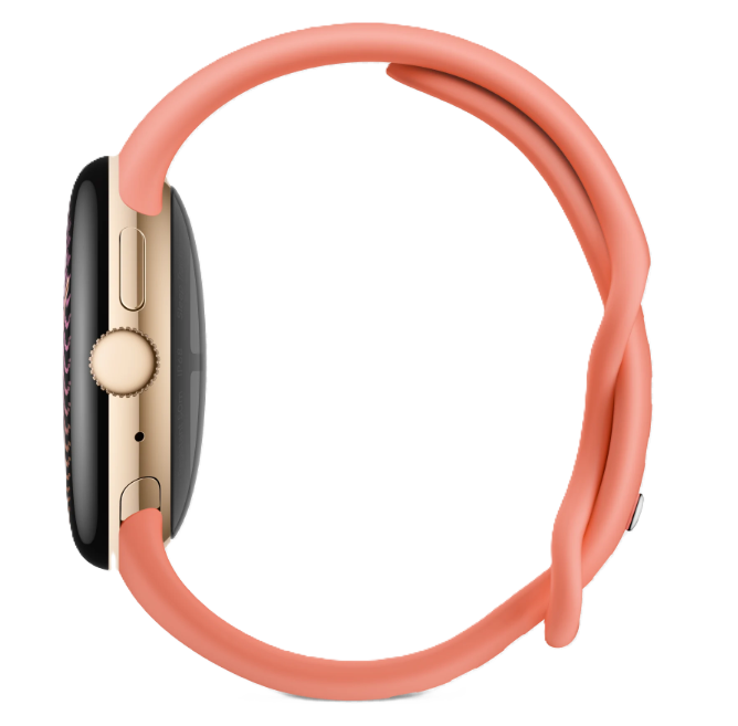 Seitenansicht einer Smartwatch mit goldenem Gehäuse und rosafarbenem Armband vor schwarzem Hintergrund.
