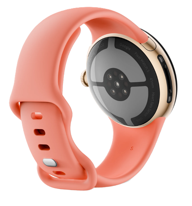 Eine Smartwatch mit rosa Silikonarmband von hinten vor schwarzem Hintergrund.