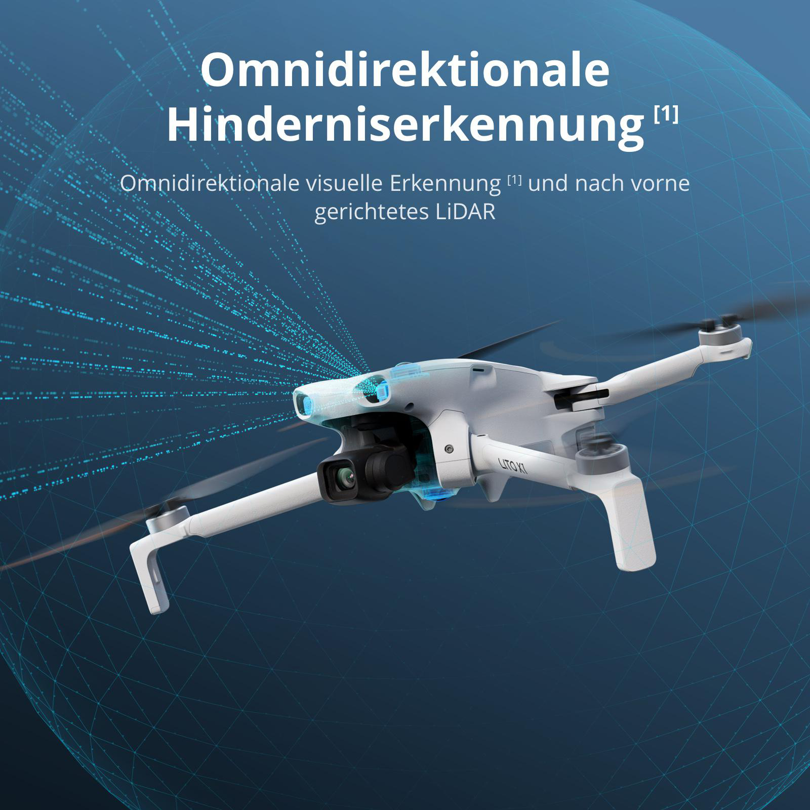Eine weiße Drohne vor blauem Hintergrund mit digitaler Lasergrafik und dem Text "Omnidirektionale Hinderniserkennung".