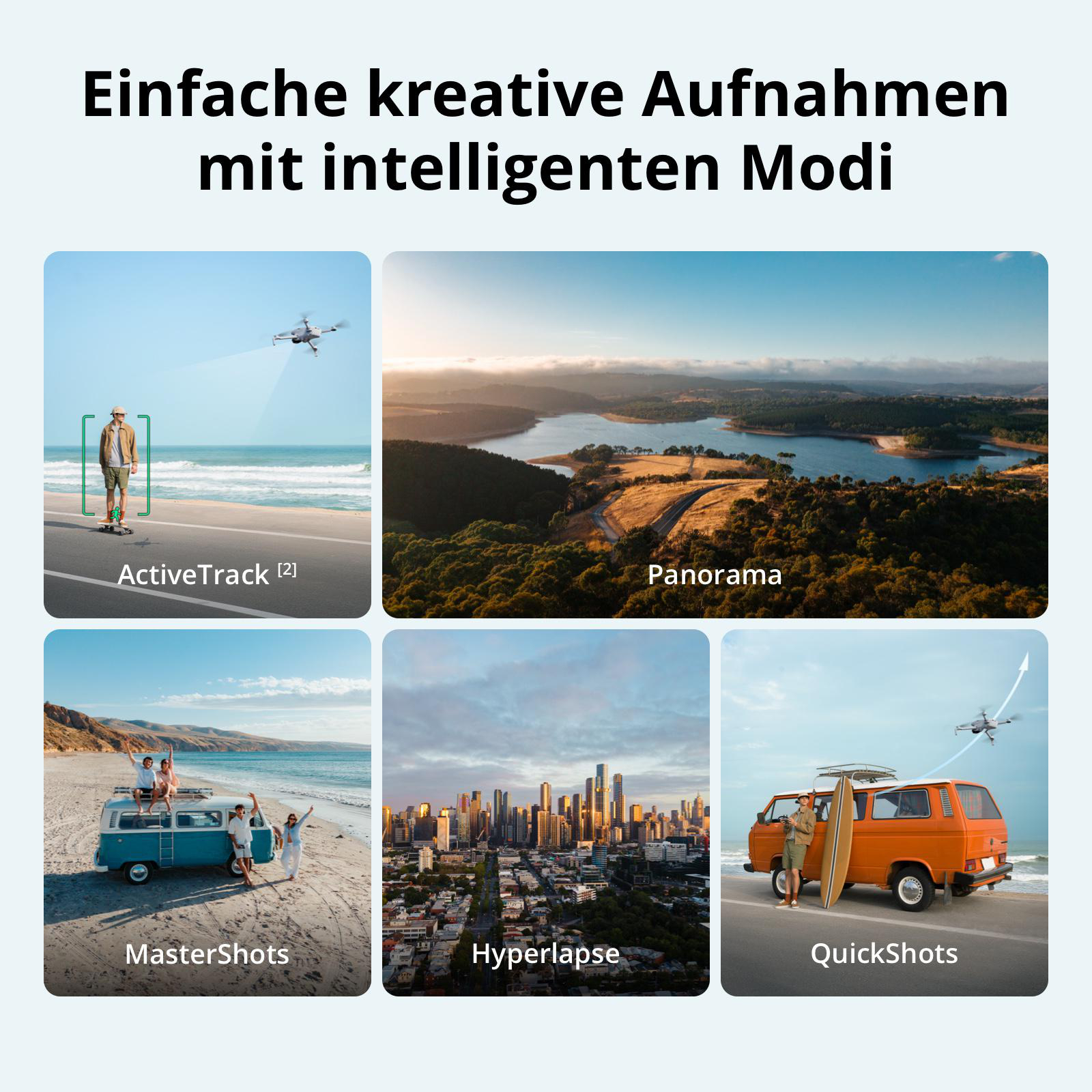 Sechs Bilder zeigen kreative Drohnenmodi wie ActiveTrack, Panorama, MasterShots, Hyperlapse und QuickShots.