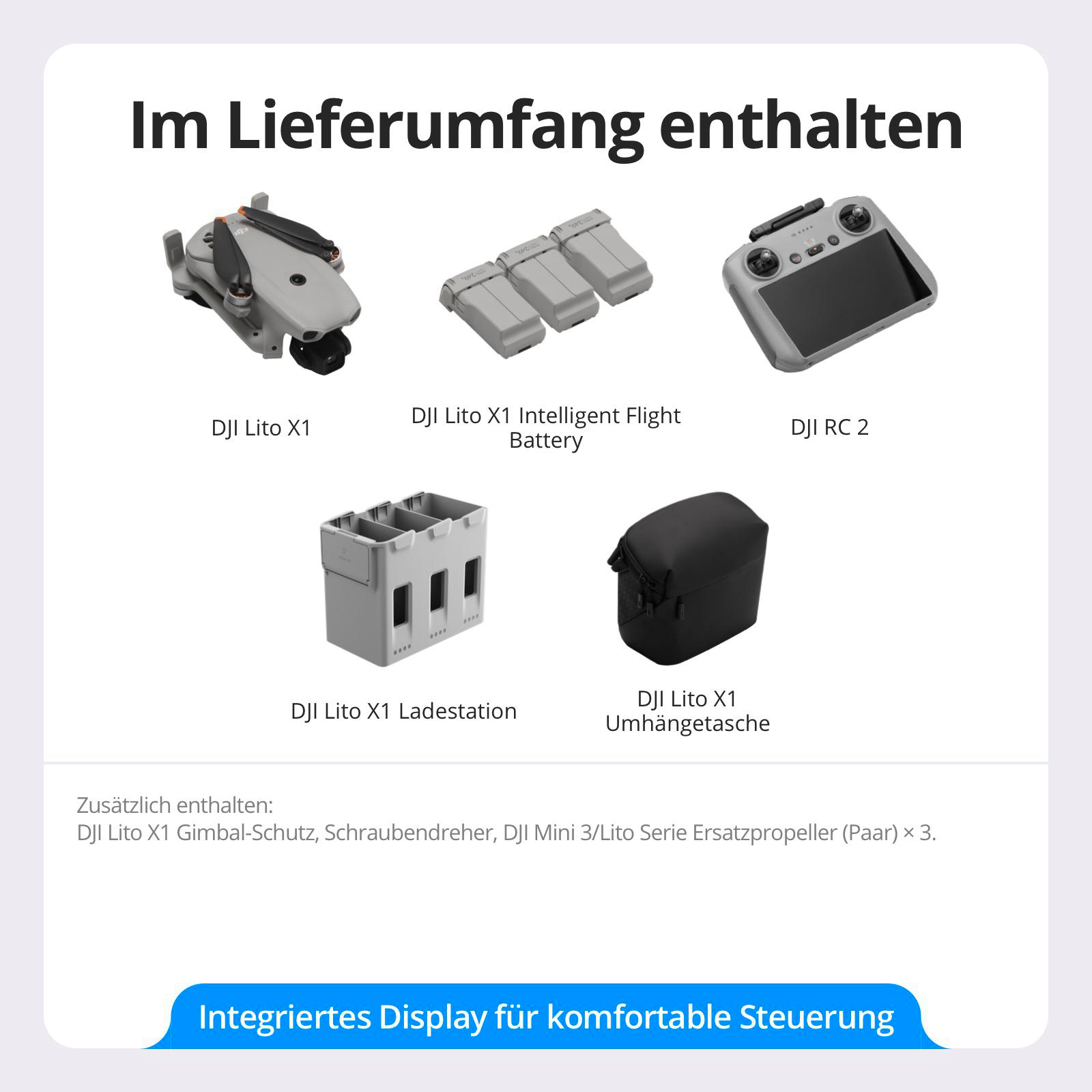 DJI Drohnen-Set mit Drohne, drei Akkus, Fernbedienung, Ladestation, Tasche und Zubehör auf weiß.