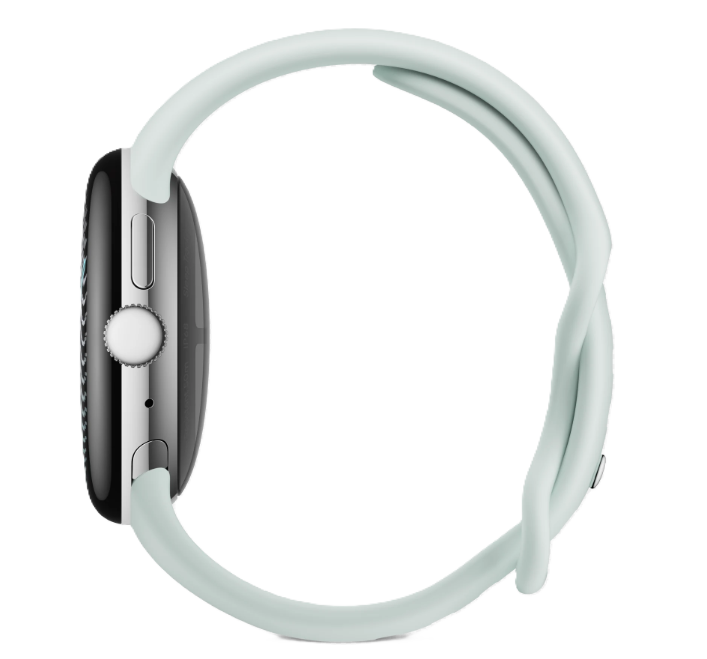 Seitenansicht einer silbernen Smartwatch mit einem hellblauen Silikonarmband vor schwarzem Hintergrund.