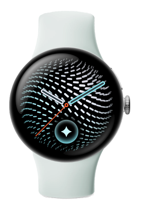 Eine weiße Smartwatch mit rundem Display und einem wellenartigen Muster auf schwarzem Hintergrund.