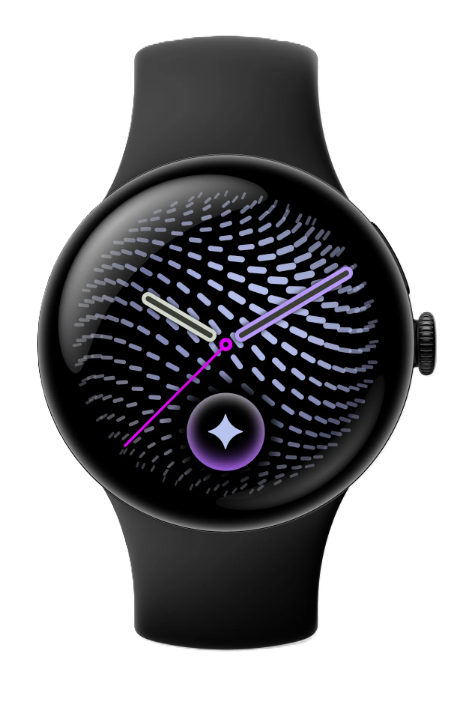 Eine schwarze Smartwatch mit rundem Display, blauem Fingerabdruckmuster, Zeigern und lila Kreissymbol.
