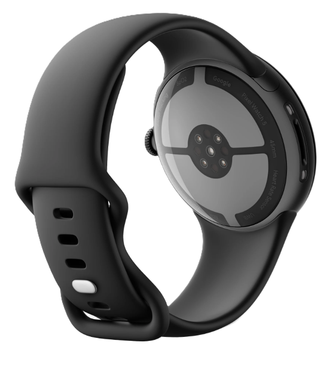 Rückseite einer schwarzen Smartwatch mit Sensoren auf schwarzem Hintergrund.