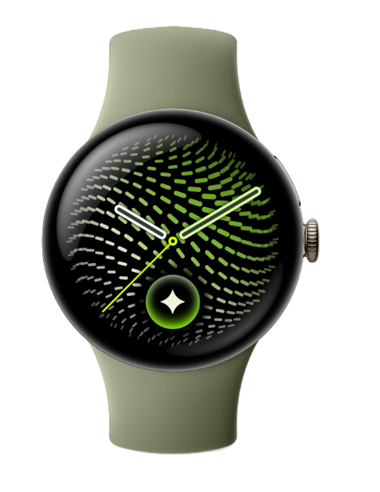 Eine grüne Smartwatch mit rundem Display zeigt grüne und weiße Zeiger sowie ein Muster aus Strichen auf schwarzem Grund.