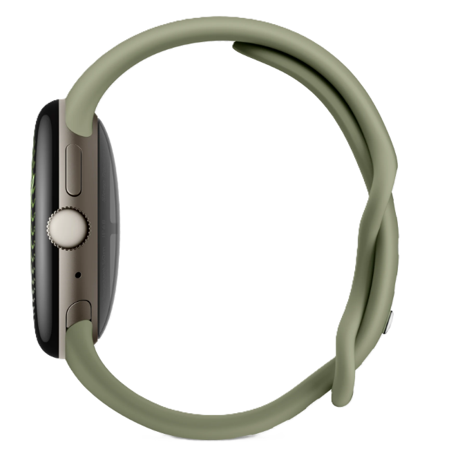 Seitenansicht einer Smartwatch mit grünem Armband auf schwarzem Hintergrund.