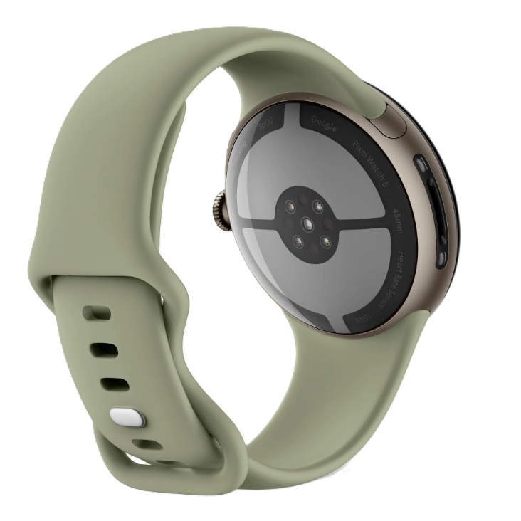 Rückseite einer grünen Google Pixel Smartwatch mit Sensoren auf schwarzem Hintergrund.