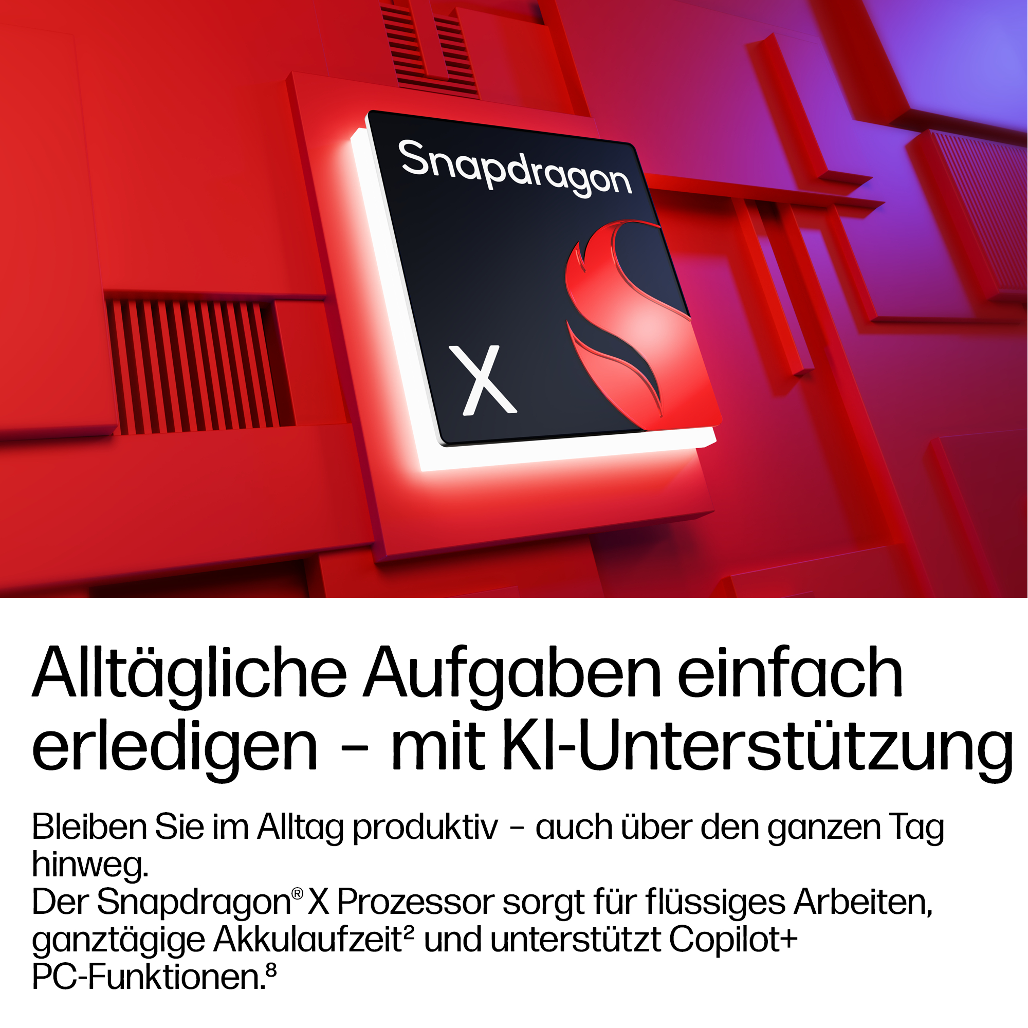 Das beleuchtete Snapdragon X Logo auf rotem Hintergrund mit deutschem Werbetext darunter.
