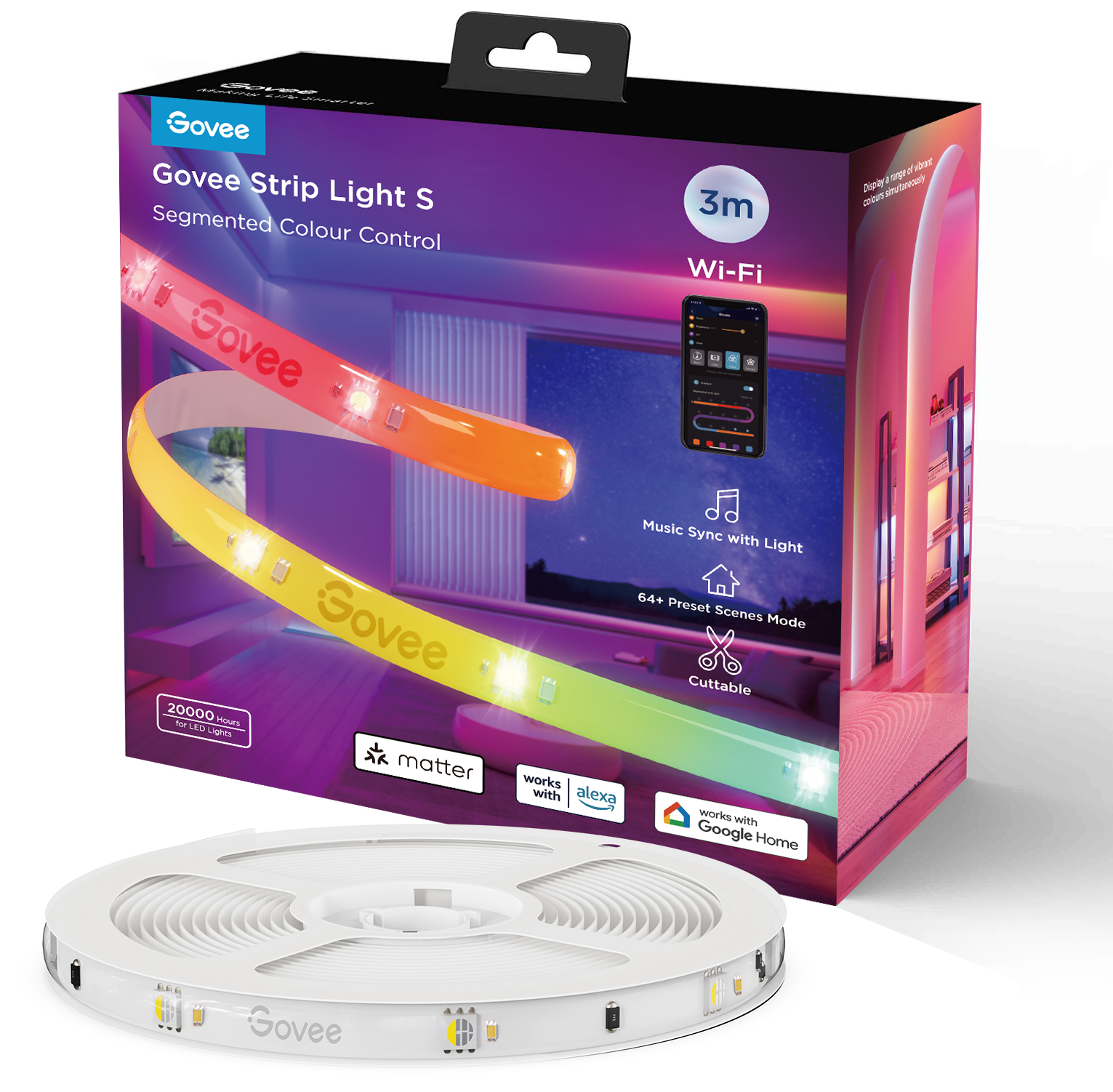 Govee Strip Light S doboz előtte egy feltekert LED szalaggal.