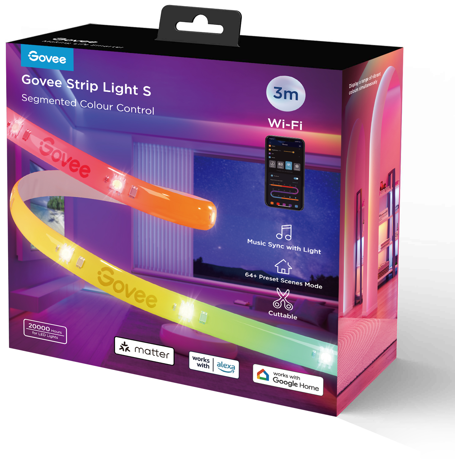 Govee Strip Light S csomagolás színes LED szalaggal, alkalmazásvezérléssel és okosotthon kompatibilitással.