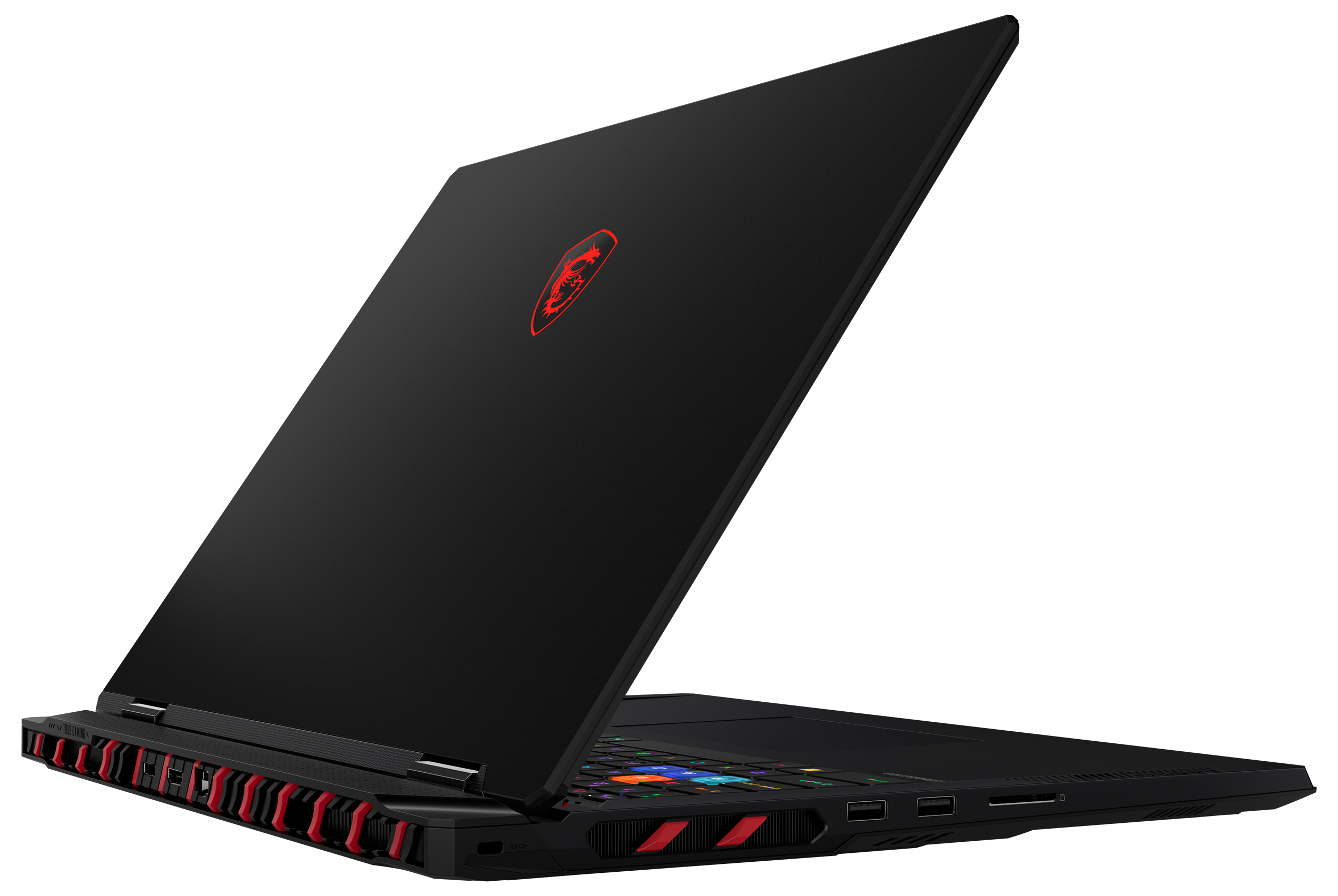 Ein schwarzer Gaming-Laptop mit roten Akzenten und einem roten Drachenlogo auf der Rückseite.
