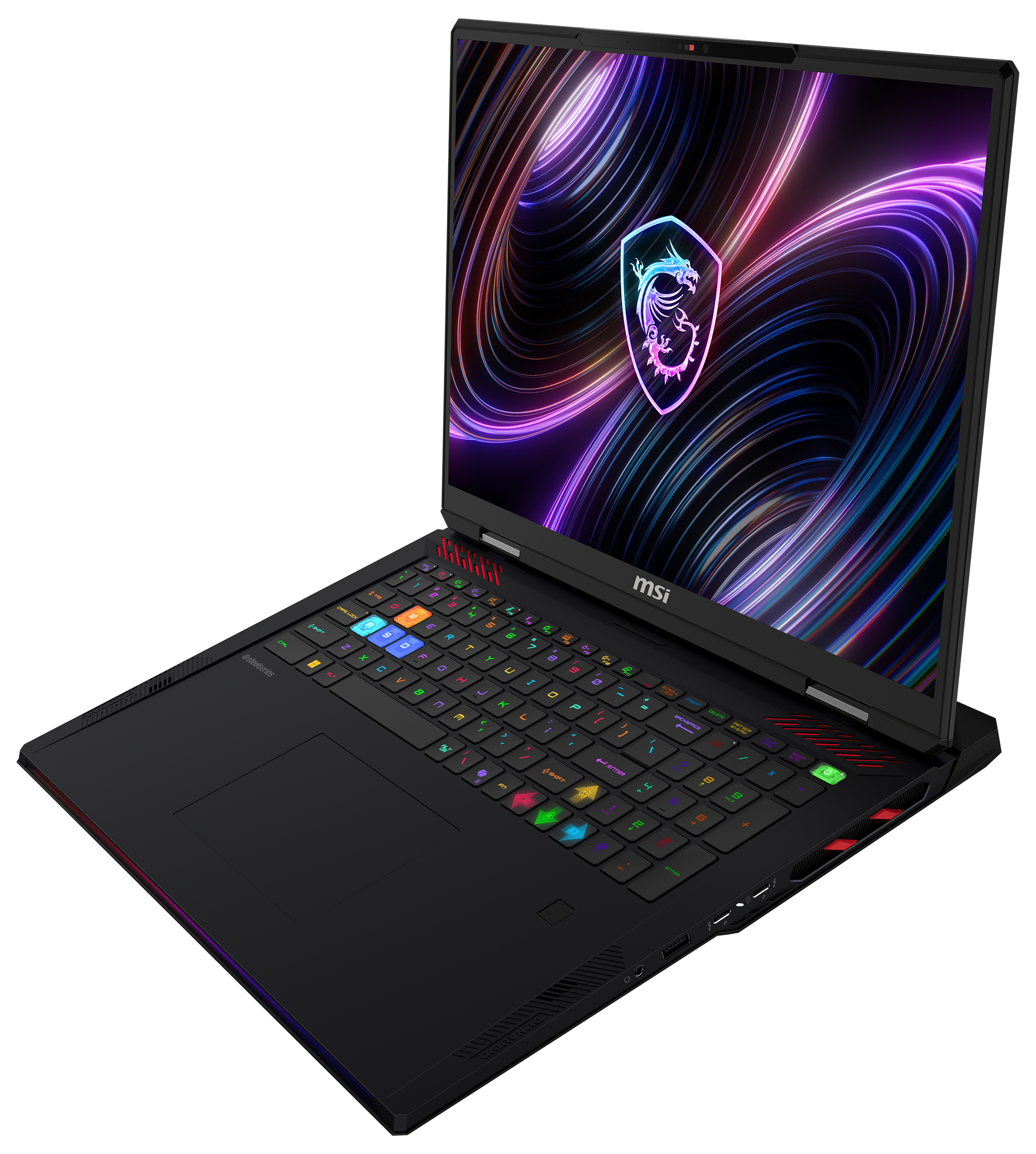 Schwarzer Gaming-Laptop mit bunter Tastaturbeleuchtung und Drachenlogo auf dem Bildschirm.