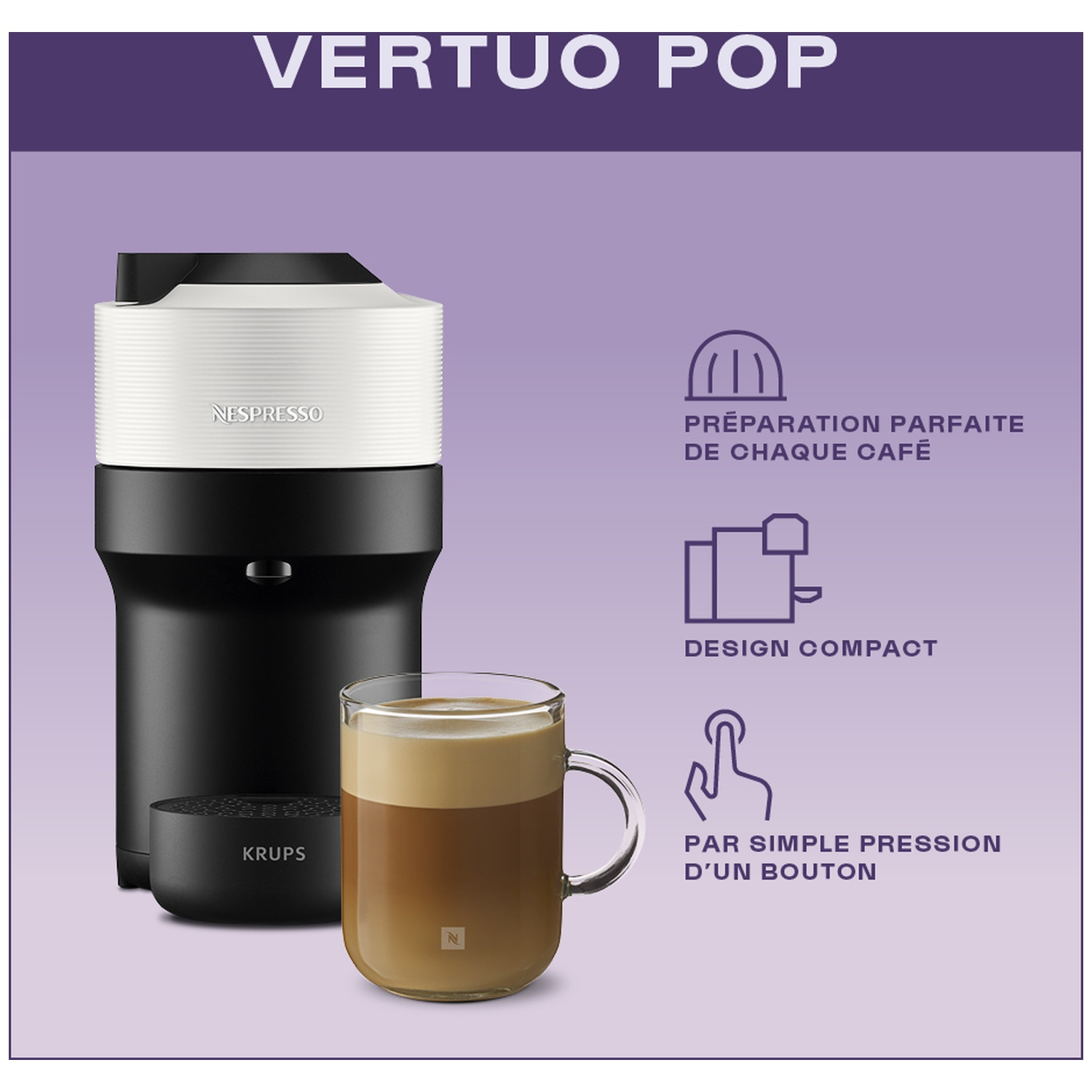 Machine à café Nespresso Vertuo Pop avec une tasse de café et des icônes sur fond violet.