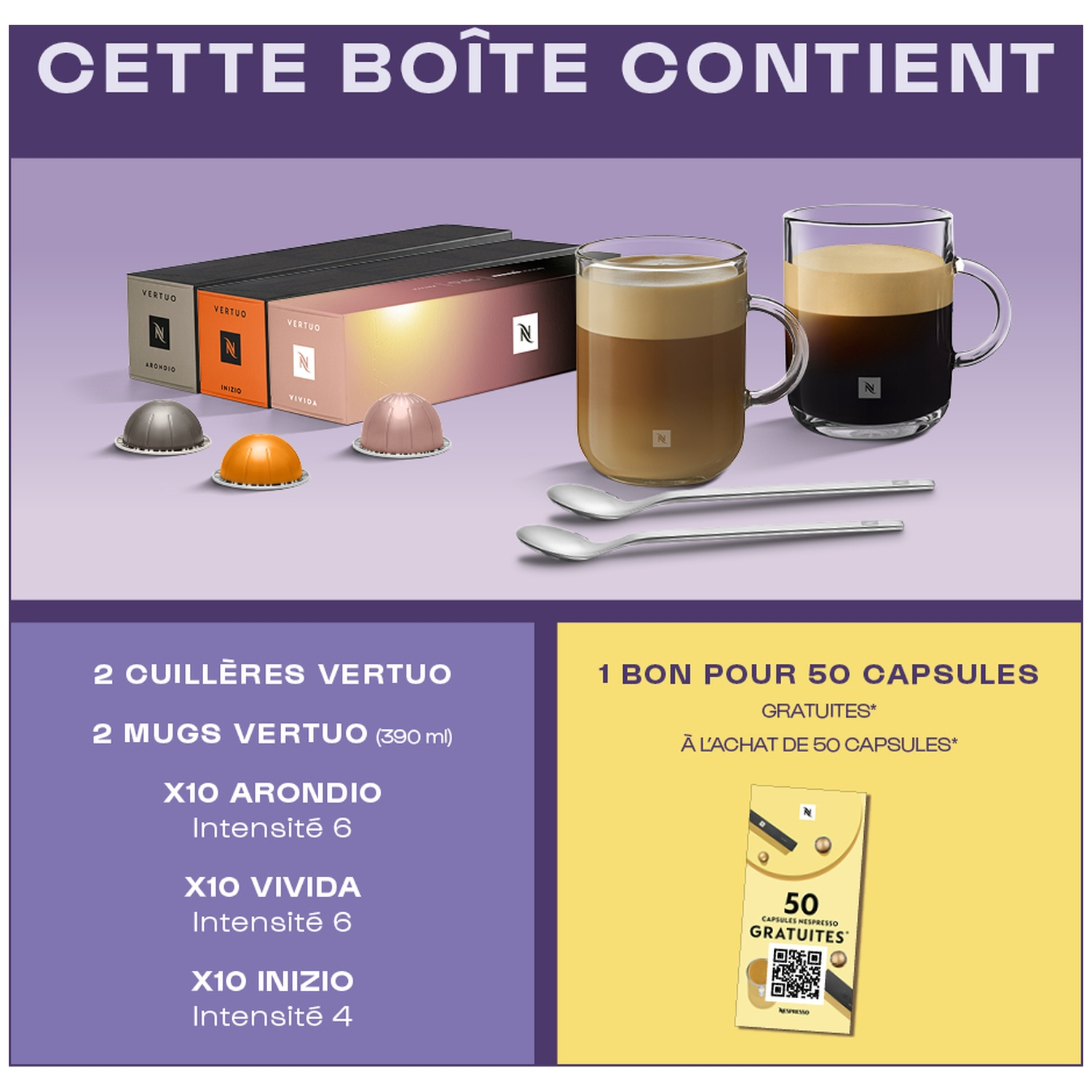 Contenu du coffret Nespresso avec trois étuis, deux mugs, deux cuillères, des capsules et un bon.