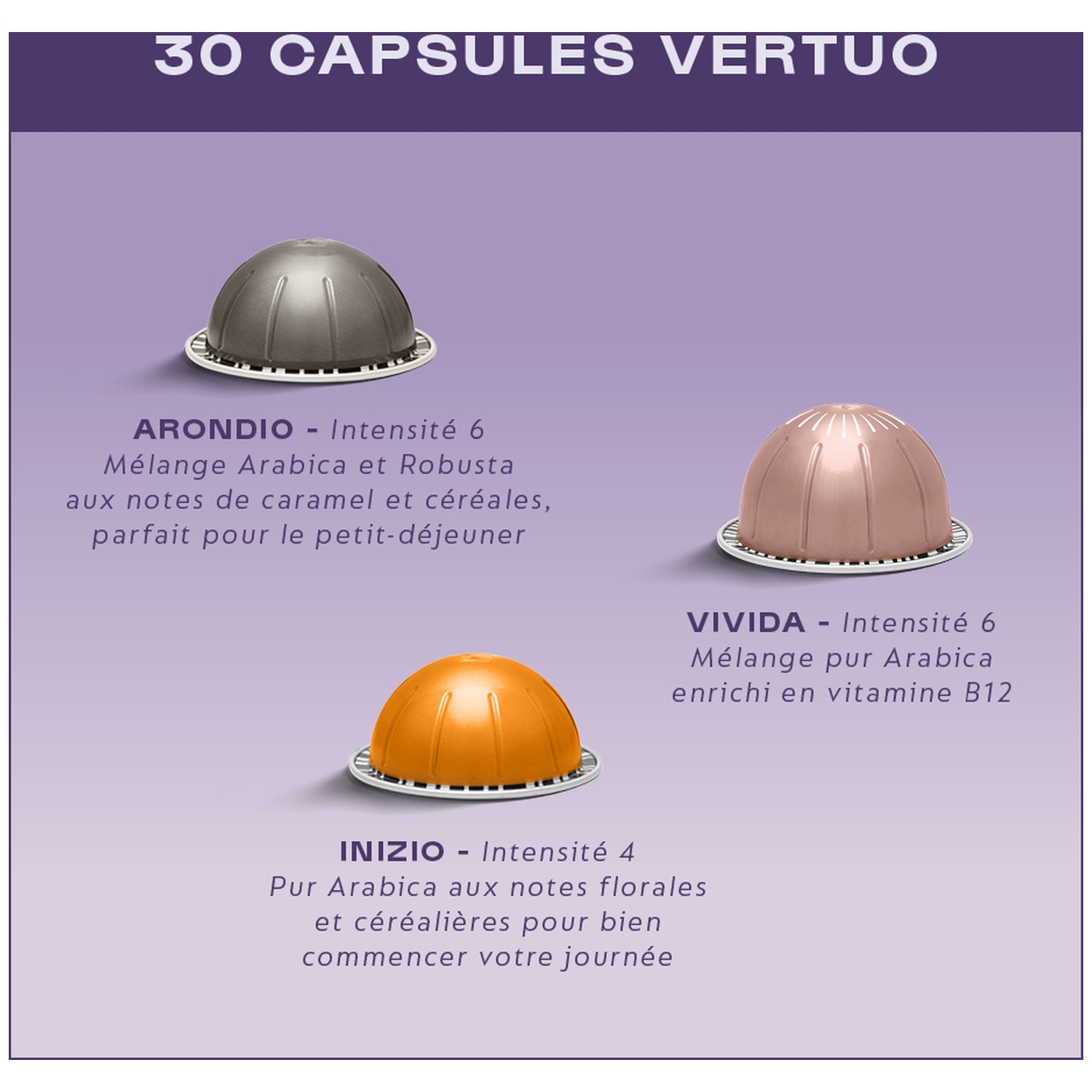 Trois capsules de café Nespresso Vertuo grises, roses et oranges avec des descriptions sur fond violet.