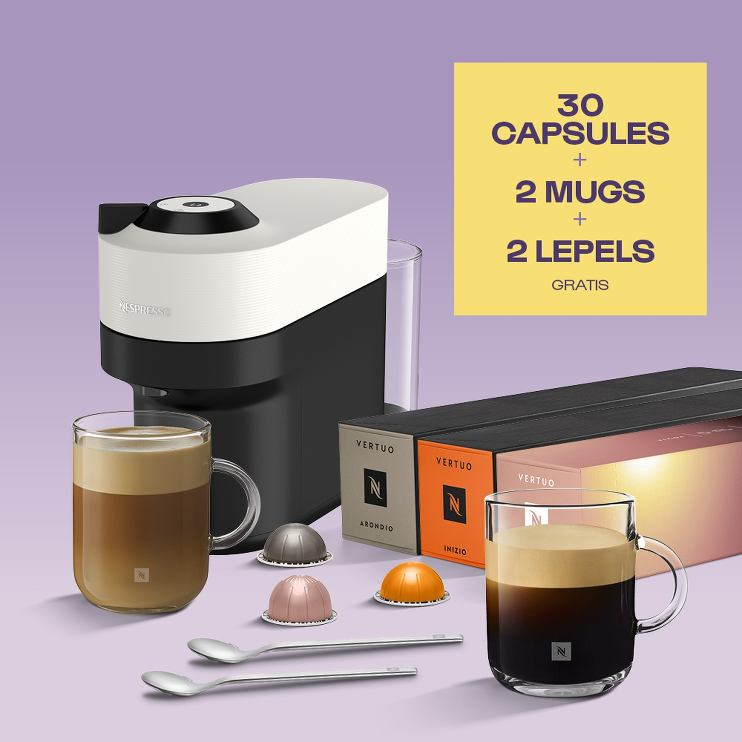 Nespresso coffee machine, pods, two mugs and two spoons on a purple background.