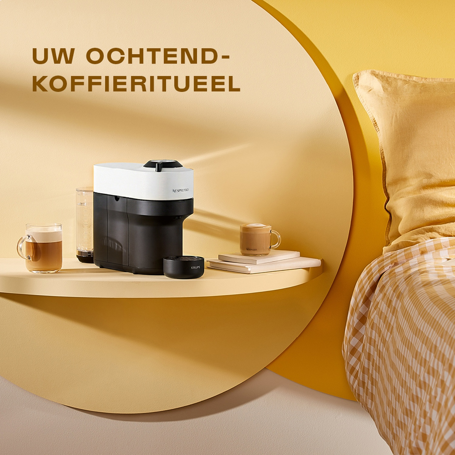 A black and white coffee machine on a yellow shelf next to a bed.