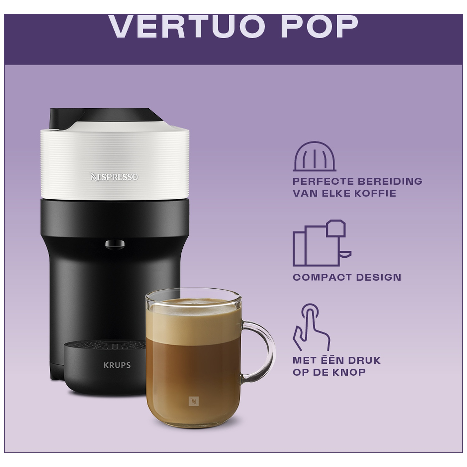 Black and white Nespresso Vertuo Pop coffee machine with a cup of coffee on a purple background and icons.