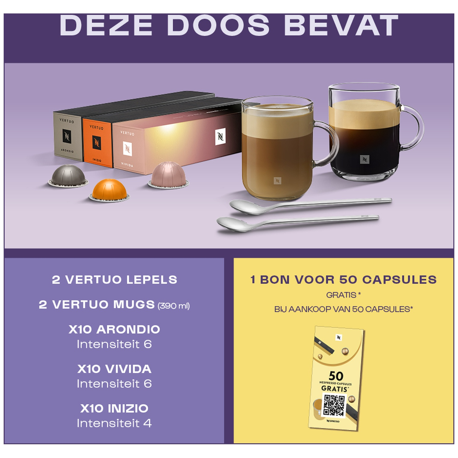 Nespresso Vertuo bundle with capsules, mugs and spoons against purple and yellow background.