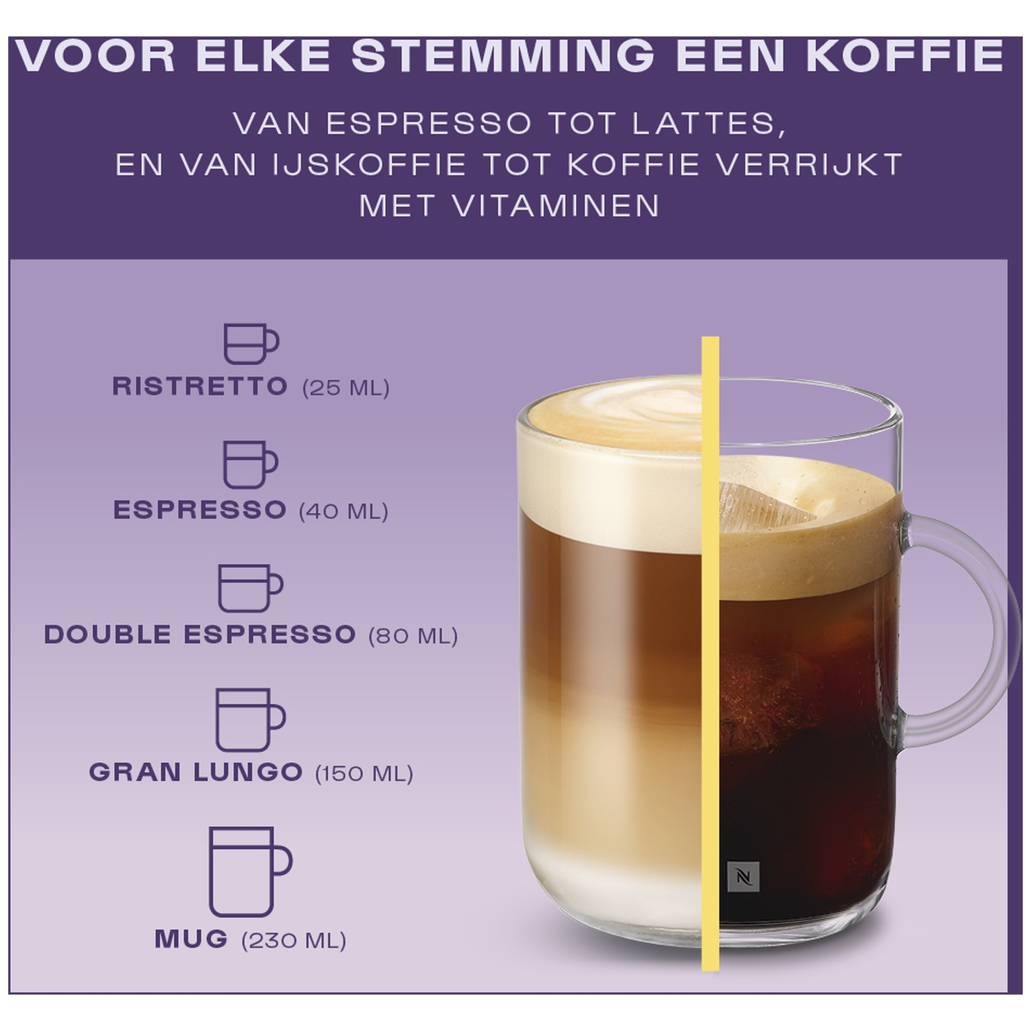 Ad showing coffee sizes and types on purple background with a coffee mug.