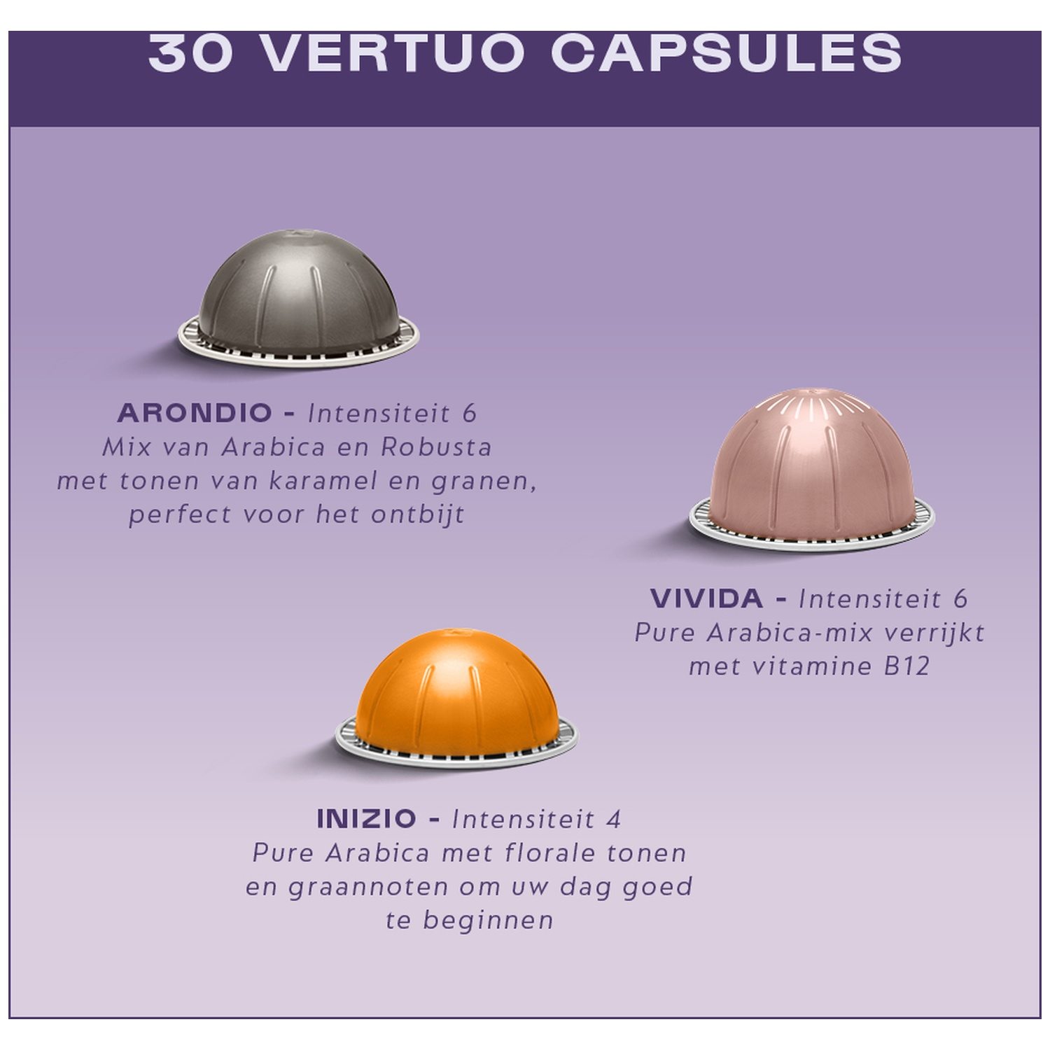 Three Nespresso Vertuo coffee capsules, Arondio, Vivida, and Inizio, displayed on a purple background with descriptions.