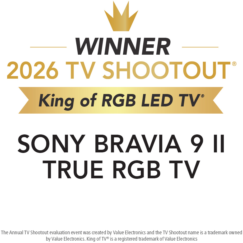 Arany korona alakú díj grafika szöveggel: Winner 2026 TV Shootout, Sony Bravia 9 II True RGB TV.
