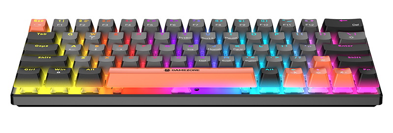Kompaktowa czarna klawiatura z żywym podświetleniem RGB i pomarańczową spacją.