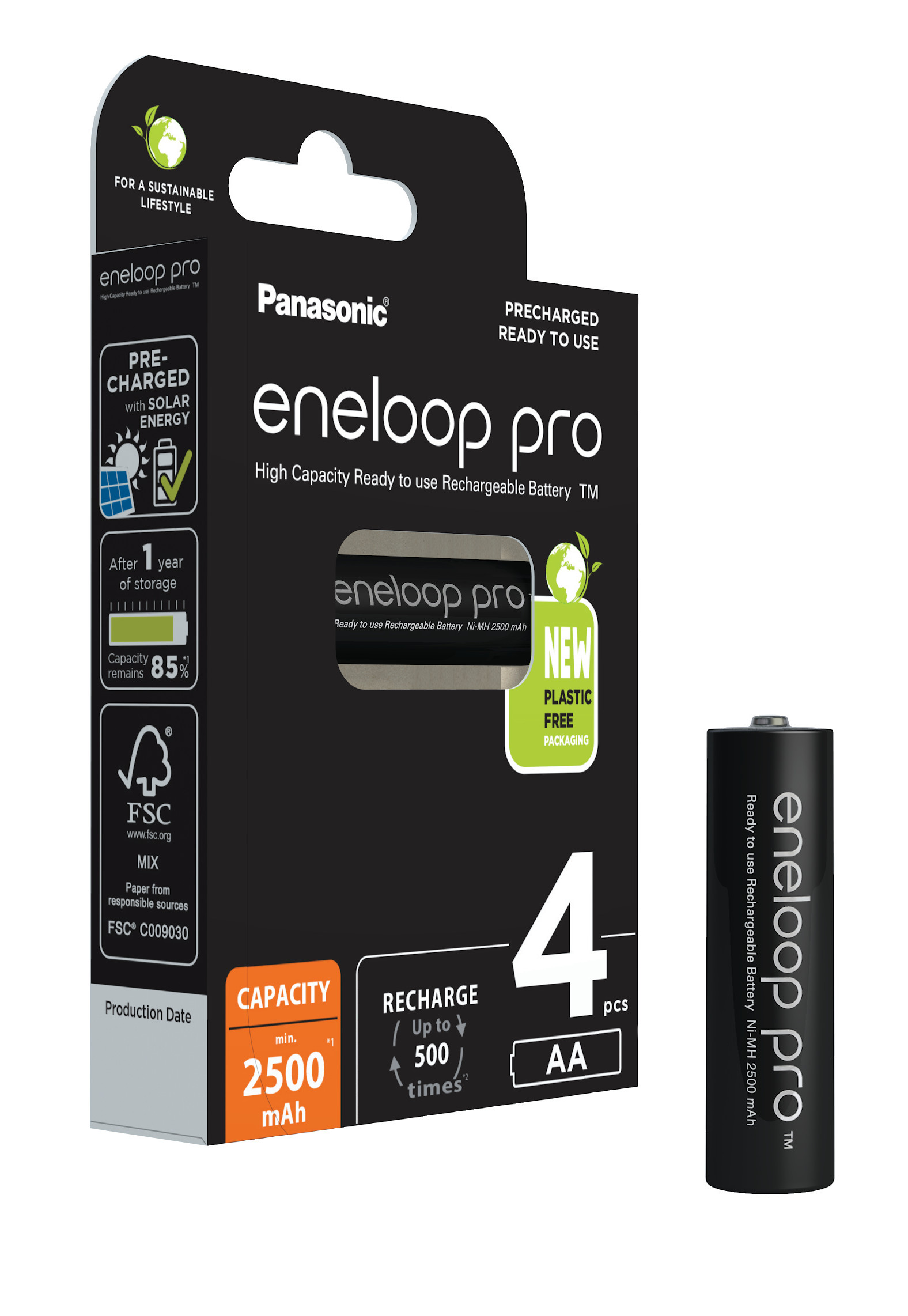 Opakowanie i pojedynczy czarny akumulator eneloop pro AA o pojemności 2500 mAh.