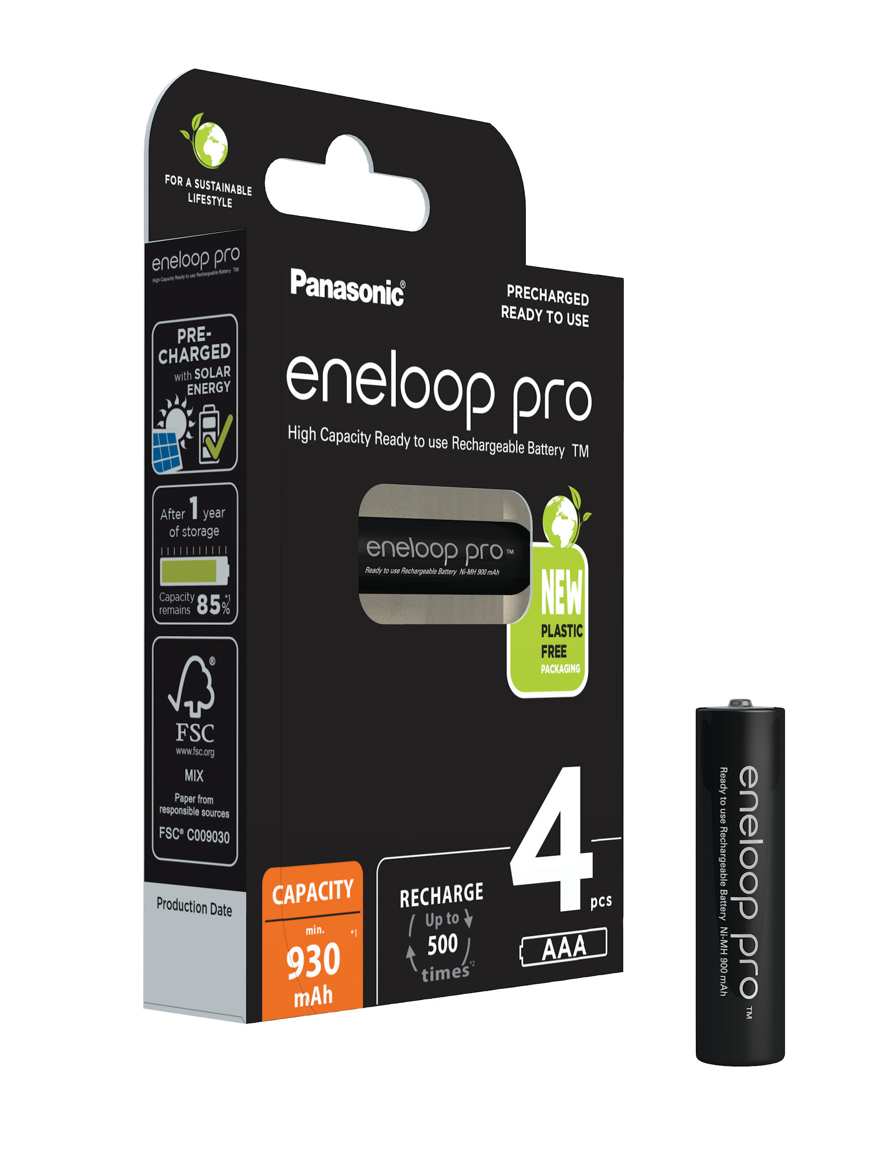 Opakowanie czterech czarnych akumulatorów AAA Panasonic eneloop pro 930 mAh.