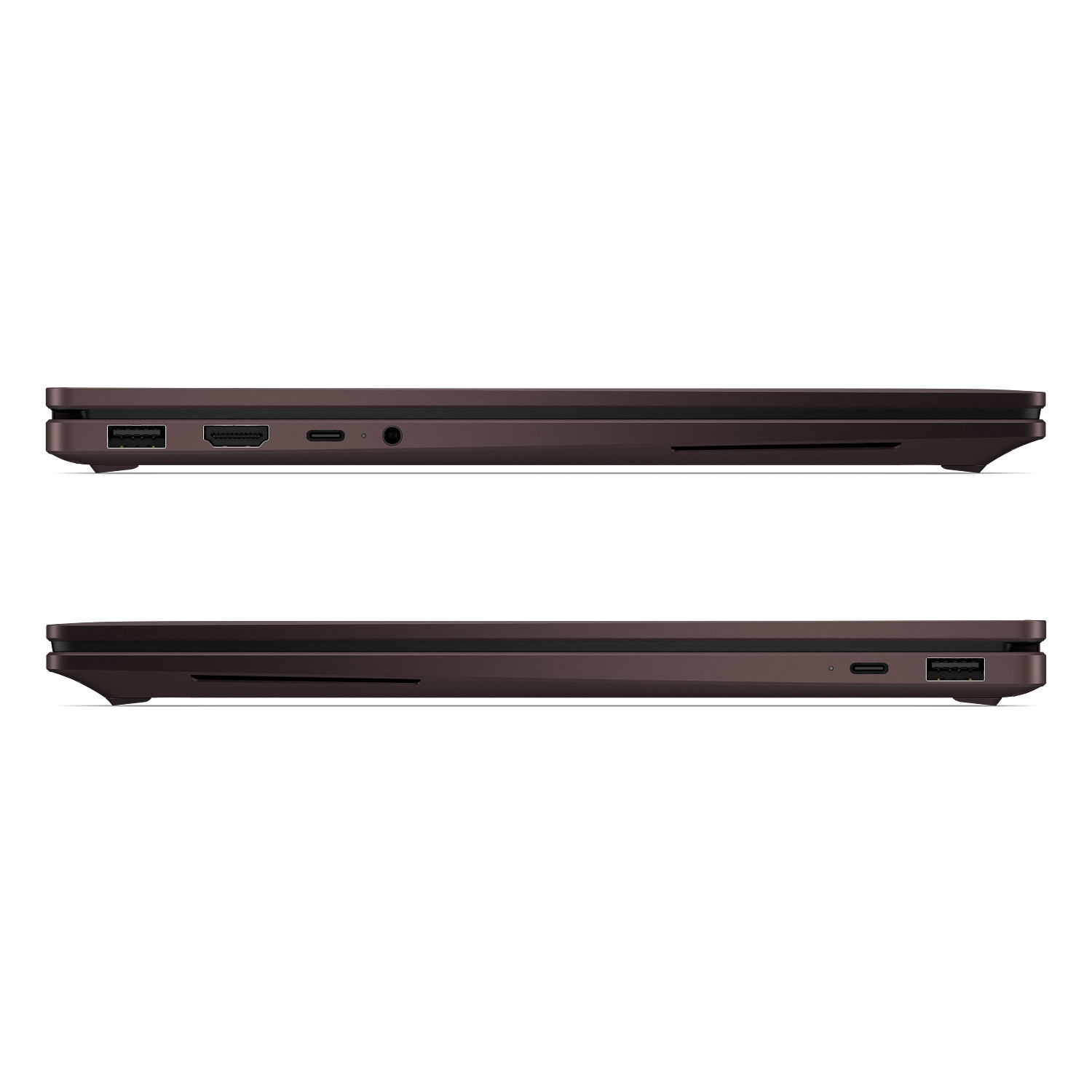 Vistas laterales de un portátil marrón cerrado con puertos USB, HDMI y USB-C.