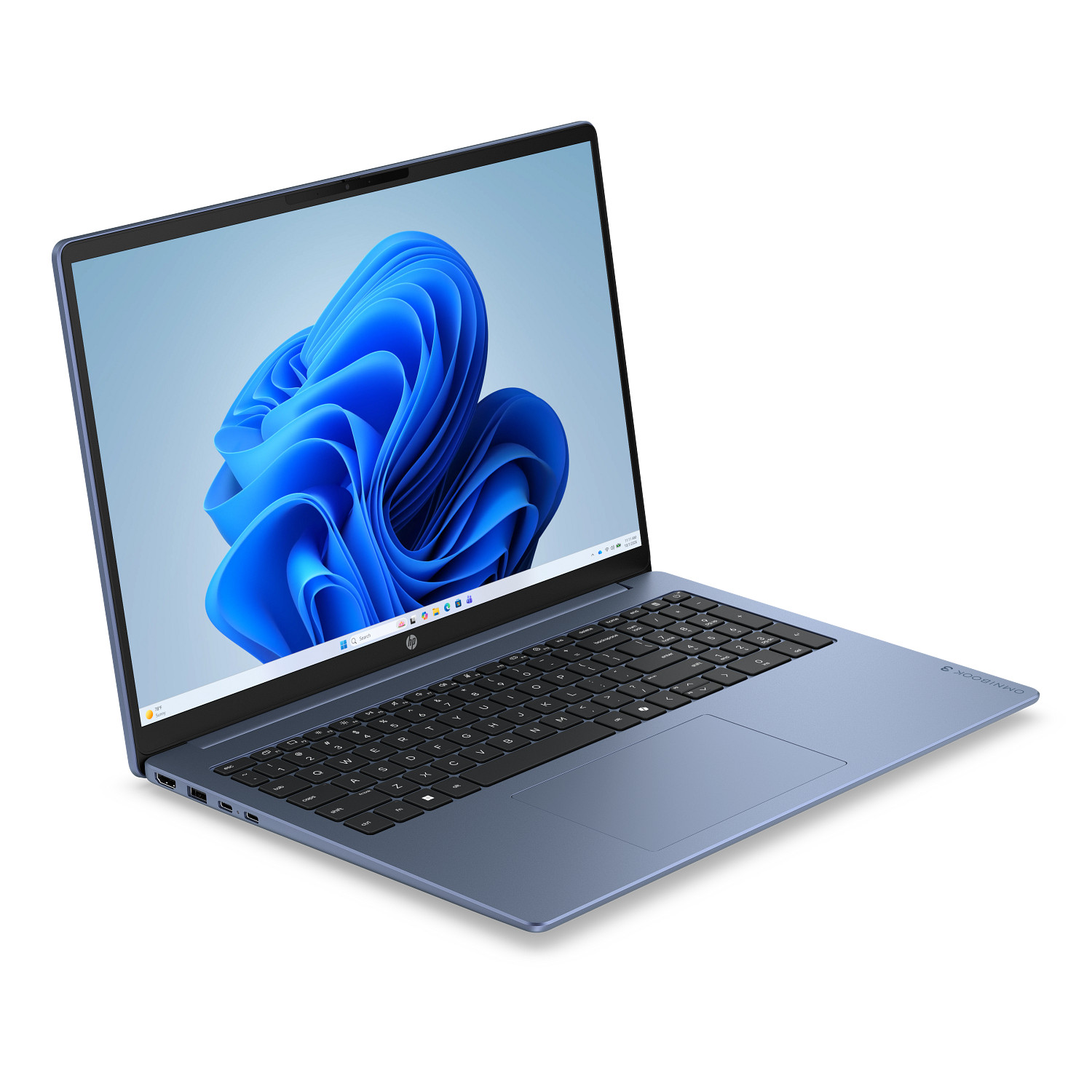 Un ordenador portátil azul con teclado negro y un fondo de pantalla azul abstracto en la pantalla.