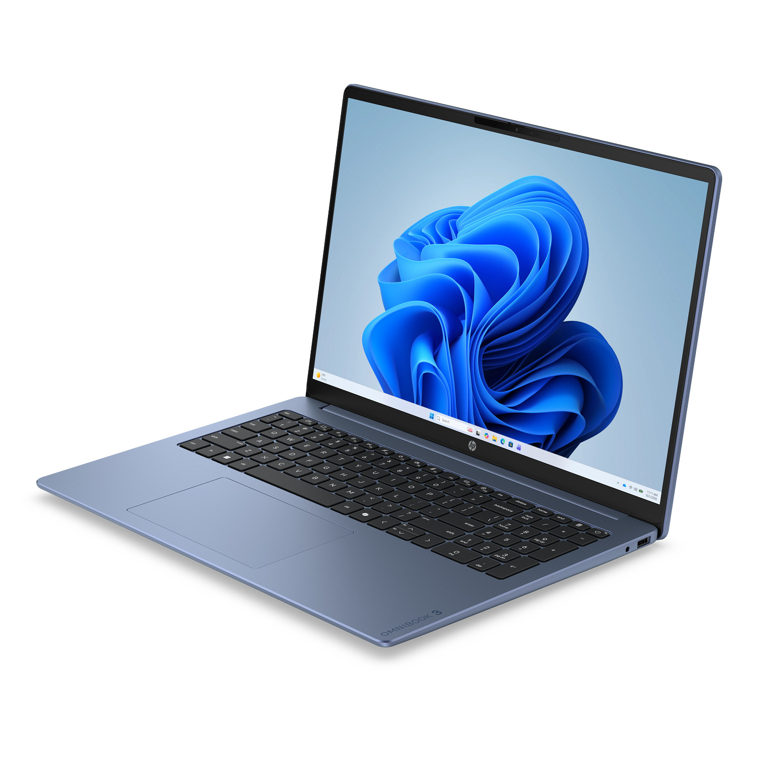 Un portátil azul con un teclado negro y un fondo de pantalla de onda azul en la pantalla.