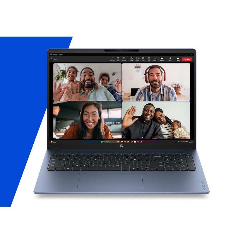 Una laptop azul muestra una videollamada en su pantalla con cuatro mosaicos de personas sonrientes.
