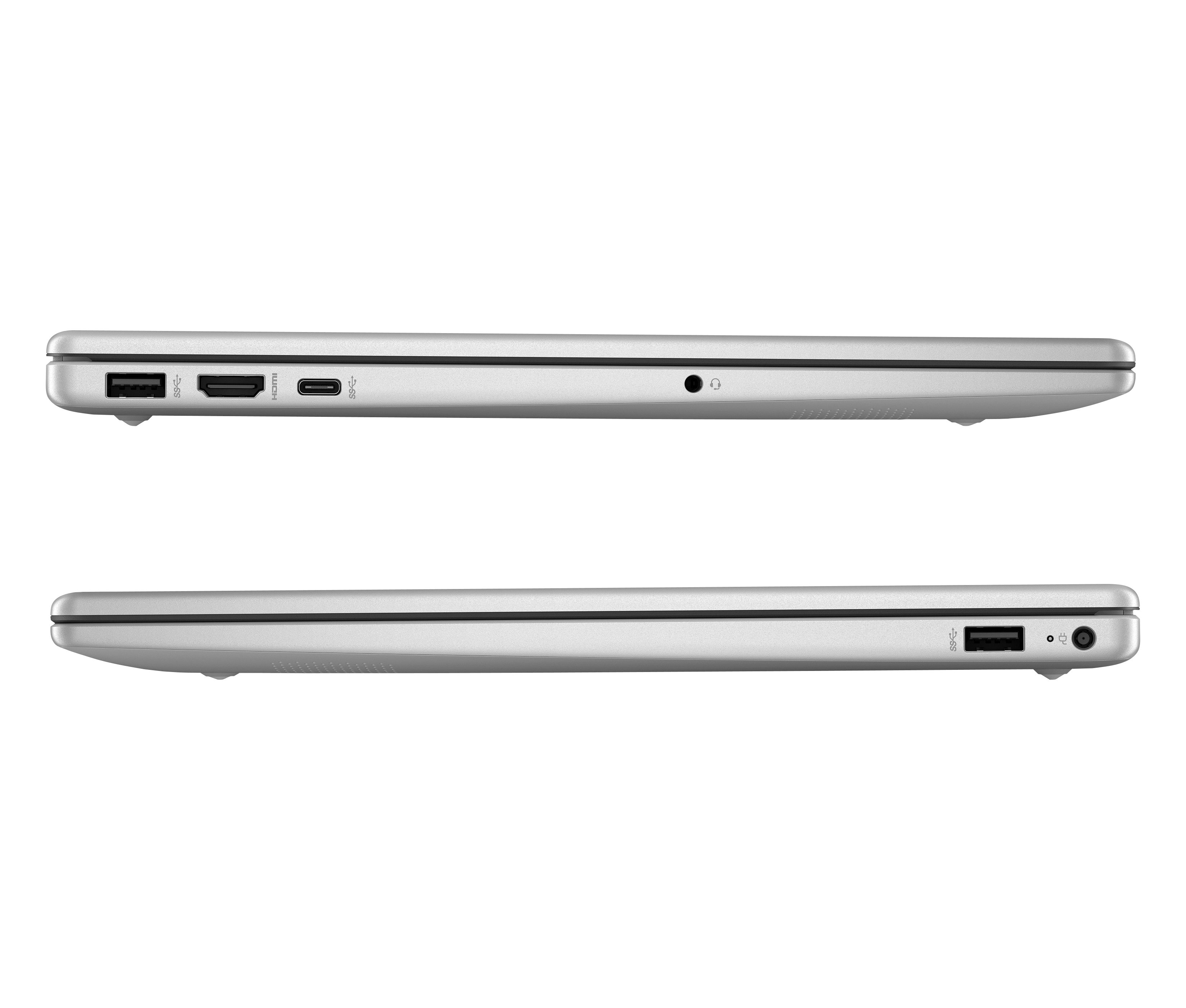 Vistas laterales de un ordenador portátil plateado con puertos USB, HDMI y audio.