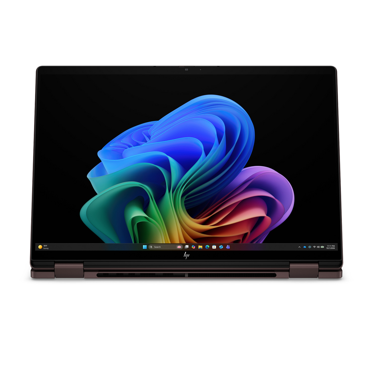 Vista frontal de una computadora portátil con pantalla negra que muestra un patrón de ondas colorido y abstracto.