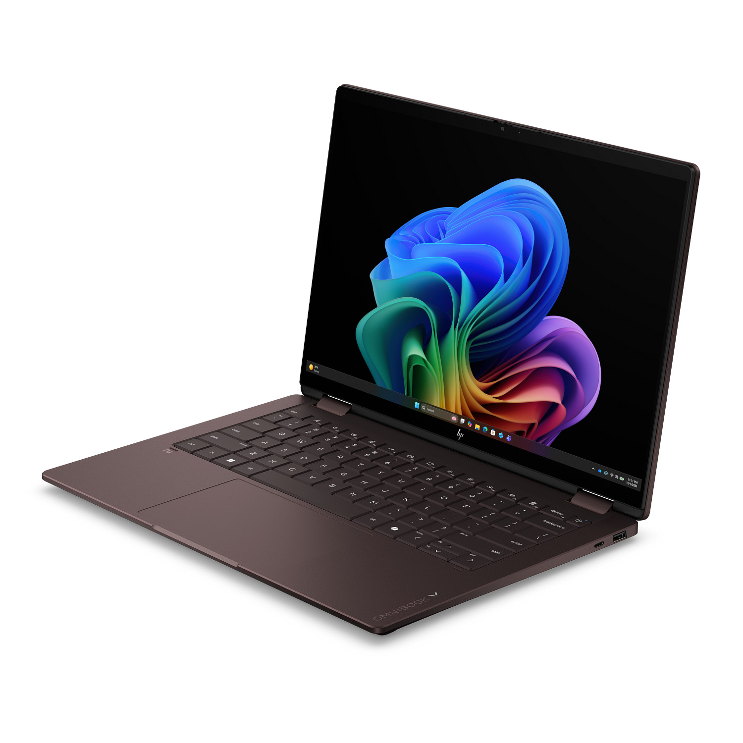 Una computadora portátil marrón con la pantalla abierta muestra un diseño colorido y curvo en la pantalla.