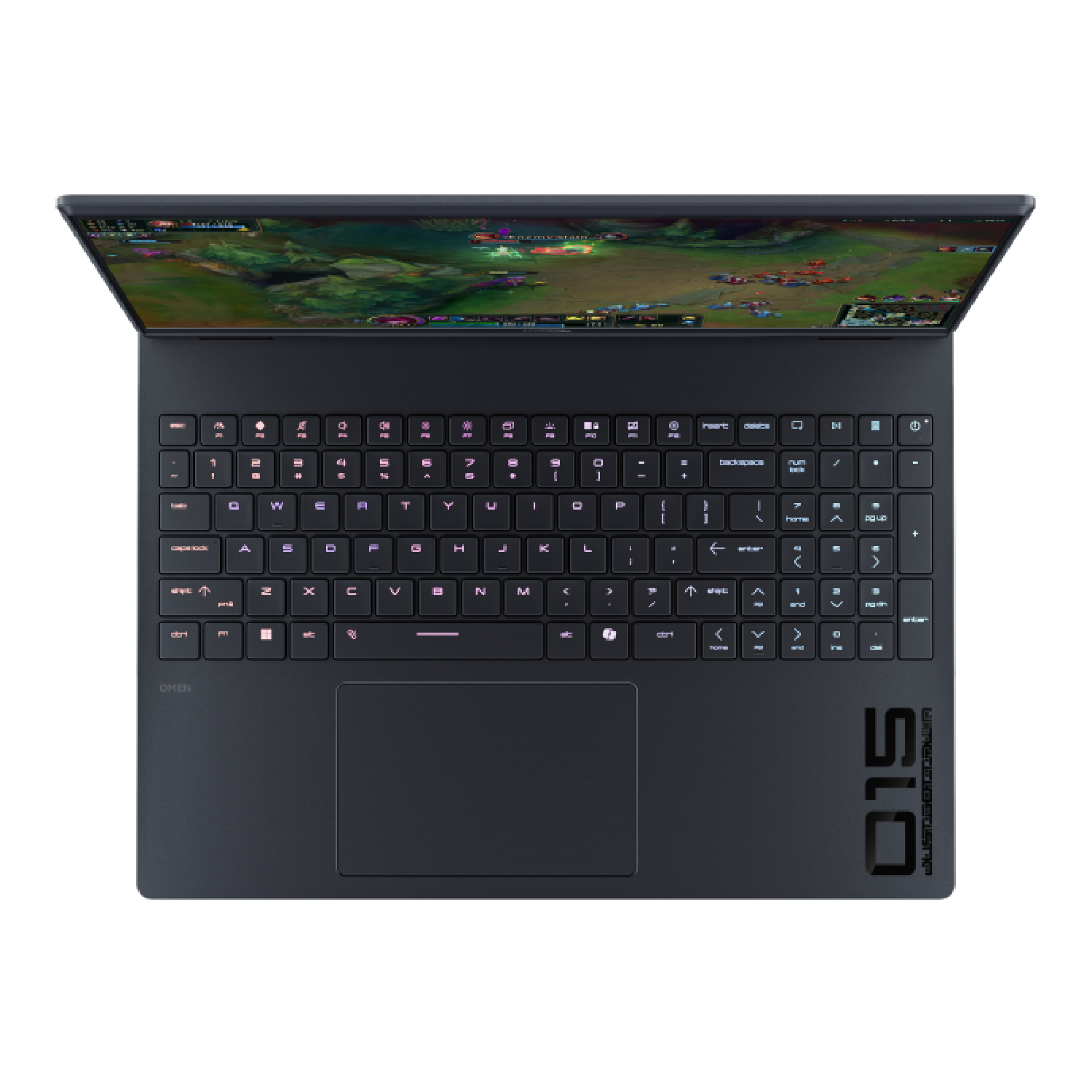 Vista cenital de un portátil HP Omen negro con teclado iluminado y un juego mostrado en pantalla.
