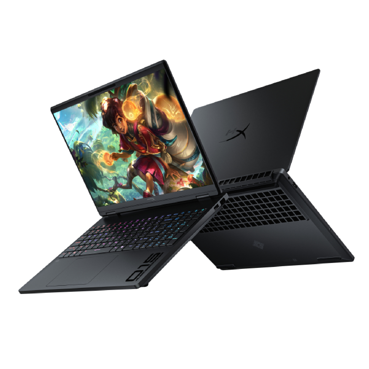 Dos portátiles negros flotando; uno muestra una colorida imagen de fantasía en pantalla y teclado iluminado.