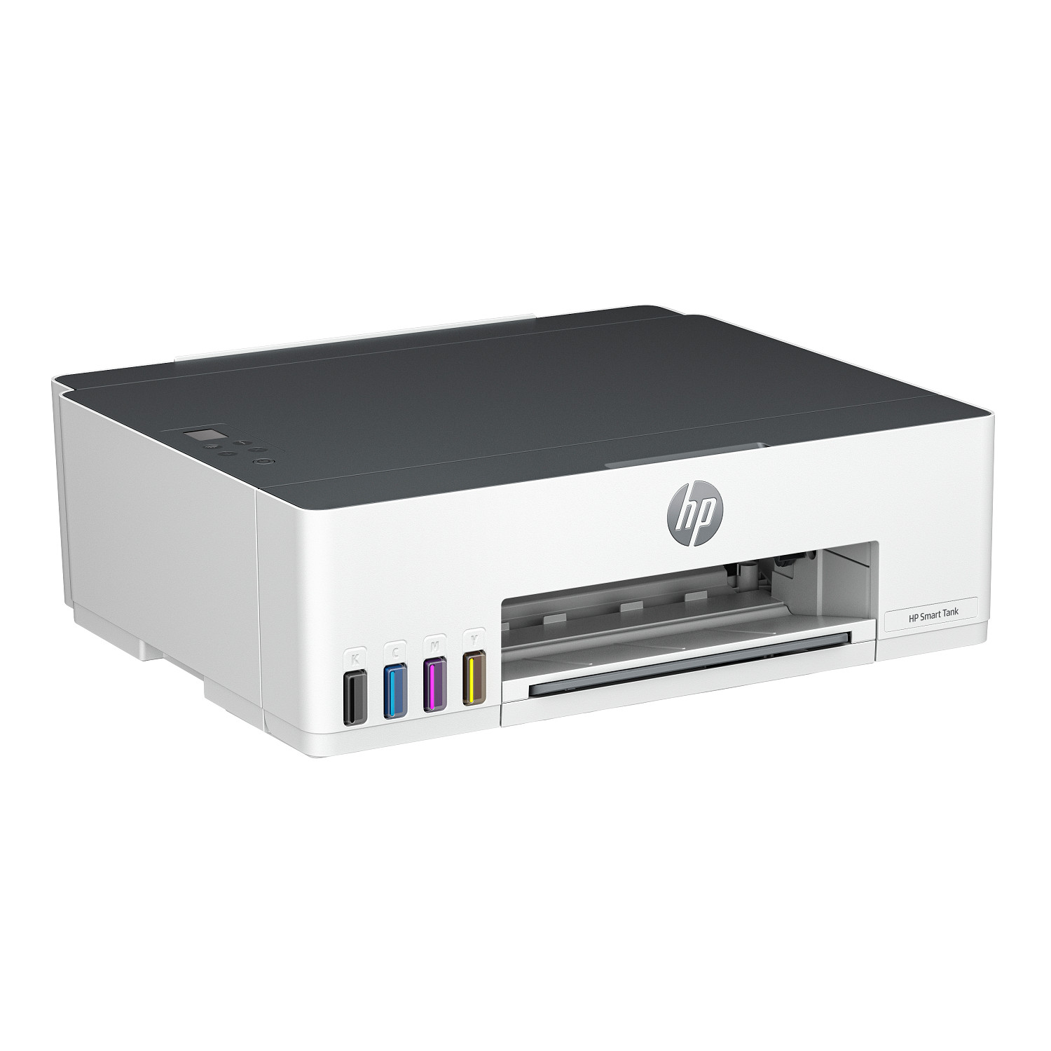 Una impresora HP Smart Tank blanca y negra con tanques de tinta visibles en el frente, sobre fondo blanco.