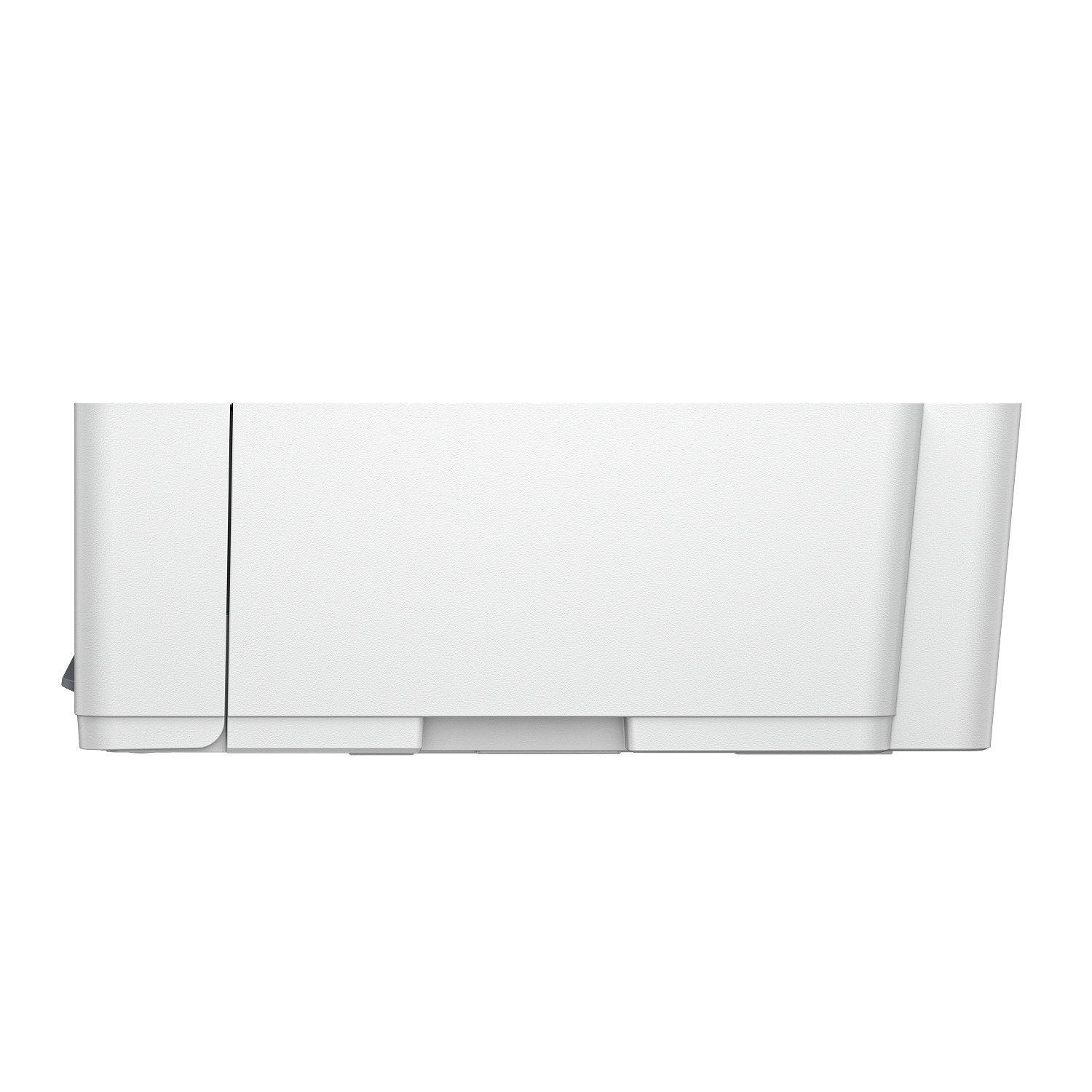 Una impresora blanca en formato horizontal contra un fondo blanco liso.