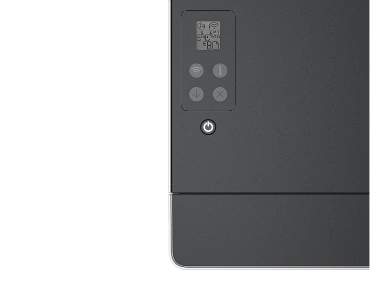 Panel de control de impresora gris con pantalla LCD, icono de Wi-Fi, botones e interruptor.