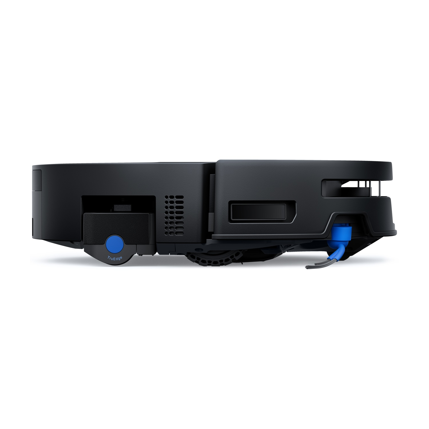 Vista dal basso di un robot aspirapolvere nero con un piccolo coprimozzo blu e spazzole.