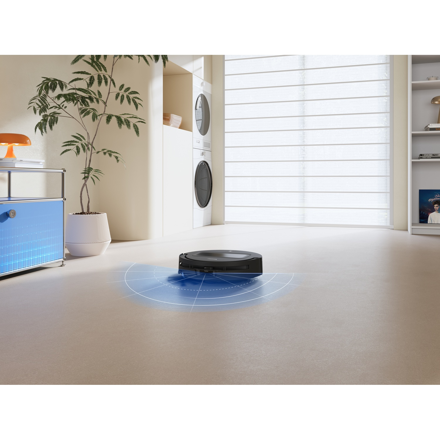 Un robot aspirapolvere nero scansiona il pavimento con luce blu in una stanza luminosa e moderna.