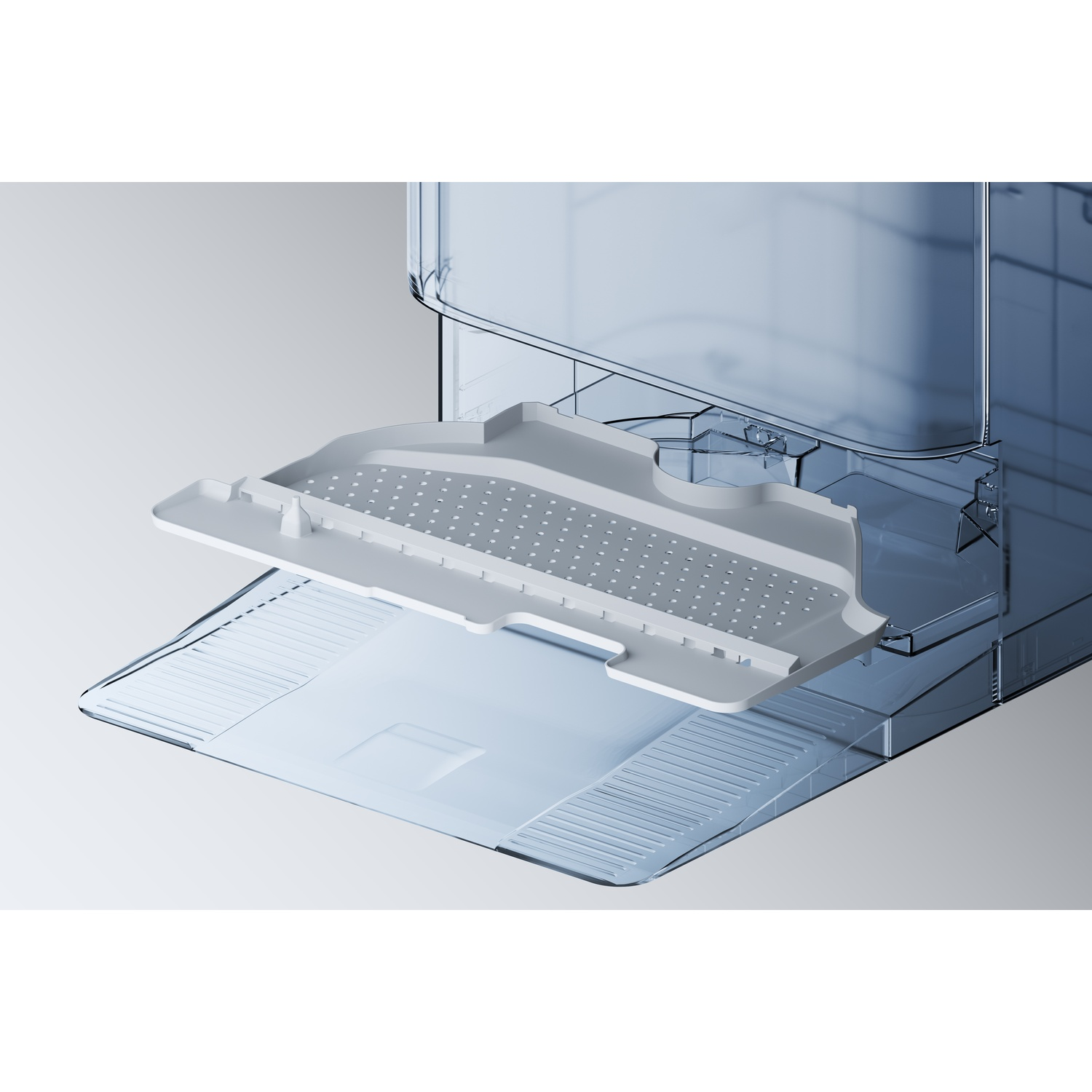 Serbatoio d'acqua trasparente con base filtro grigia rimovibile su superficie grigia.