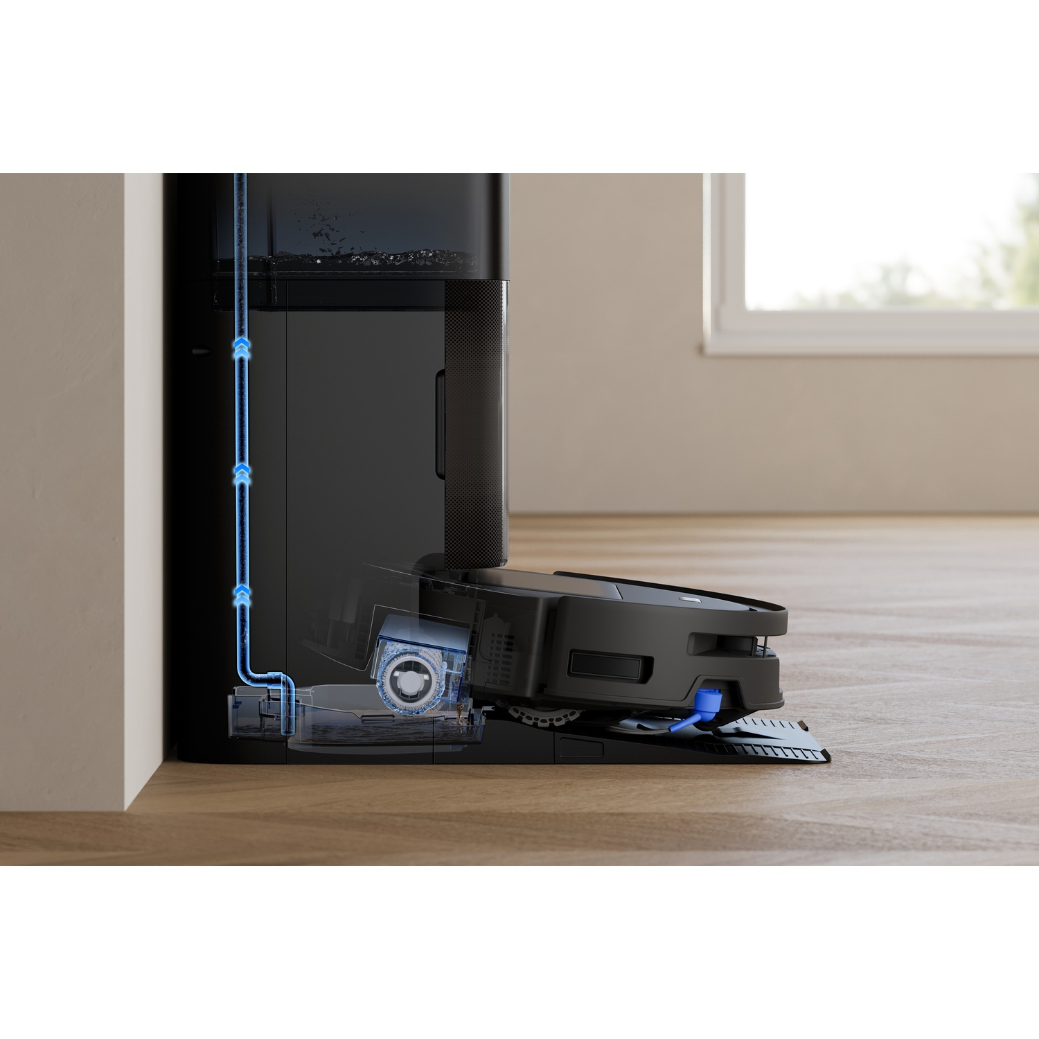 Vista in spaccato di una stazione di ricarica per robot aspirapolvere nera con tubi dell'acqua blu.