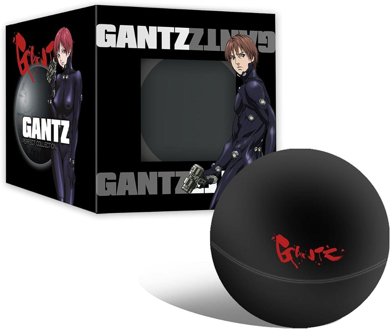 Eine schwarze Gantz Anime-Sammlerbox mit Charakteren und einer Kugel.